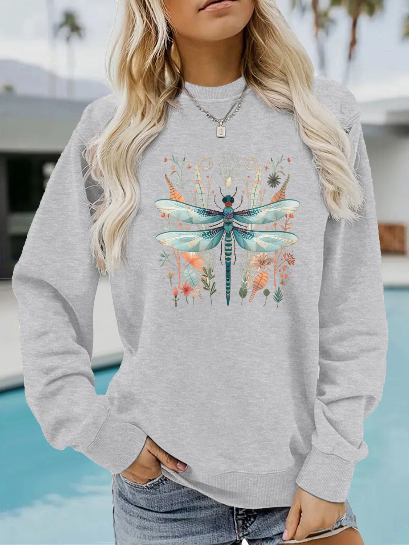Damen Sweatshirt Libellen-Print Botanisches Design Norvielle