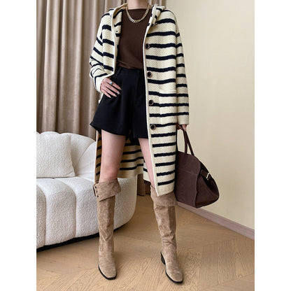 Damen Strickmantel Kapuze Gestreift Beige