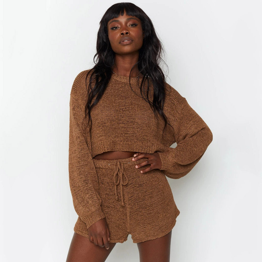 Damen Sweat-Shorts-Set Weite Passform Kordelzug Beige