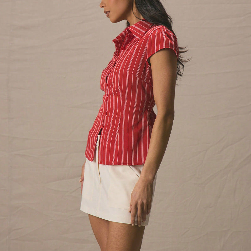 Damen Bluse Kurzarm Streifen Klassisch Weiß