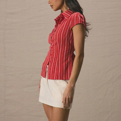 Damen Bluse Kurzarm Streifen Klassisch Weiß