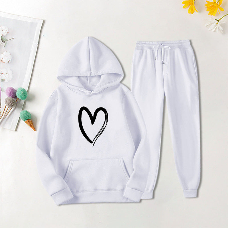 Damen Sweatanzug Kängurutasche Herzprint Grün