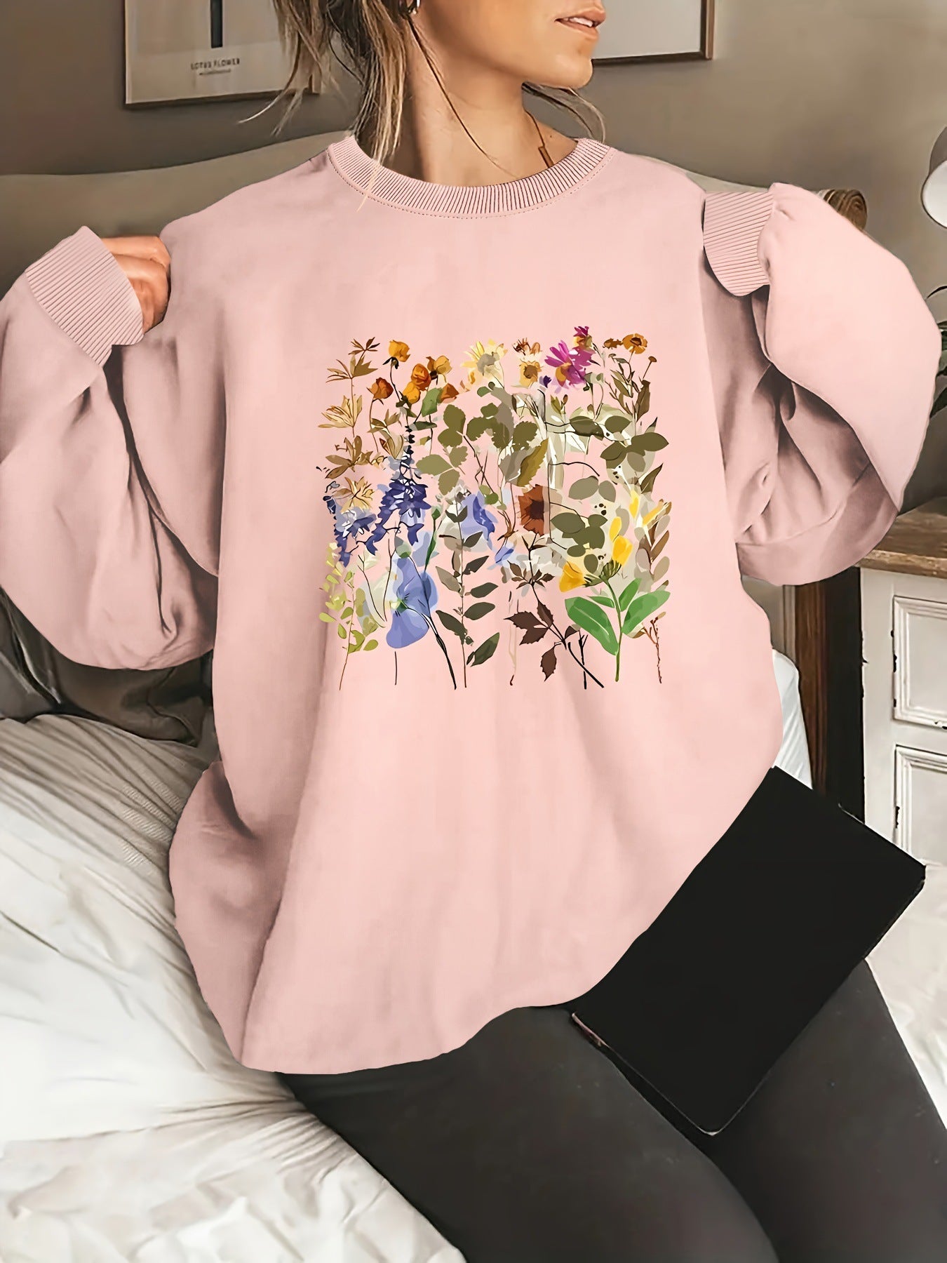Damen Sweatshirt Floralmuster Bequem Grün