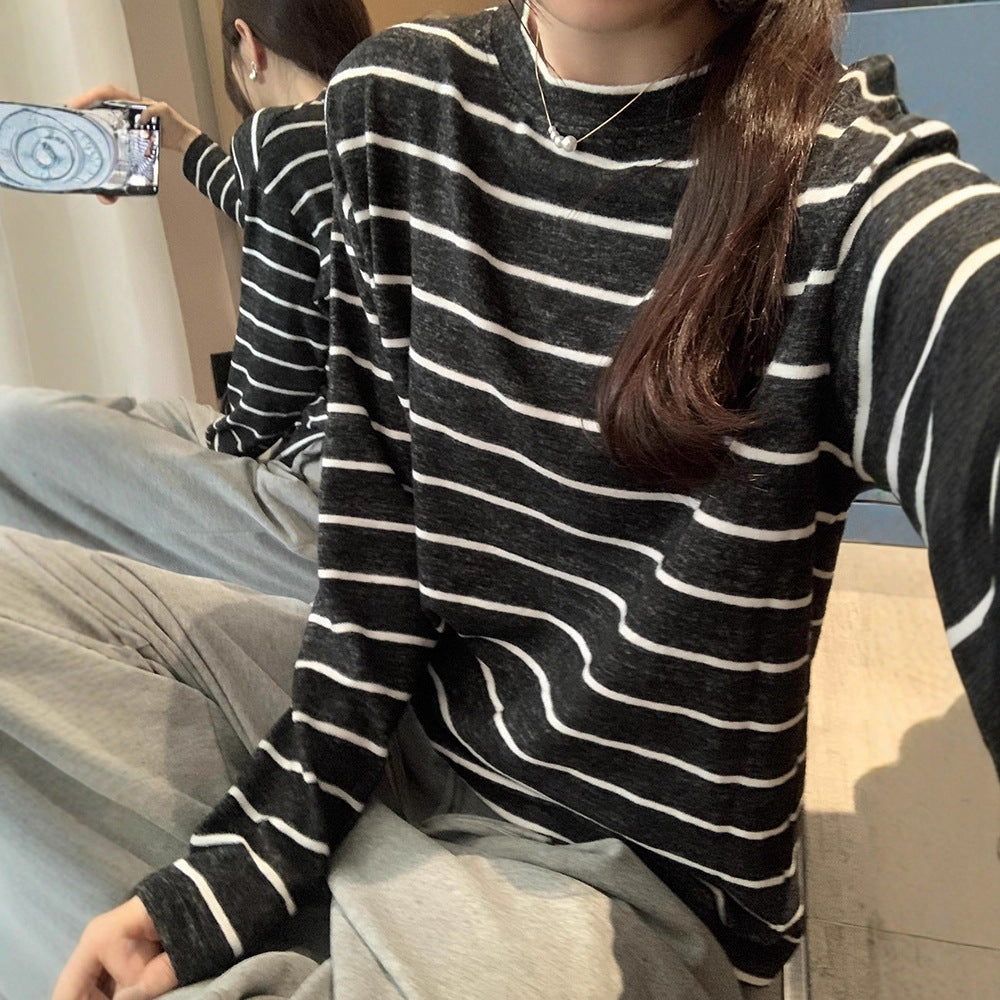 Damen Langarmshirt Streifenmuster Baumwolle Weiß