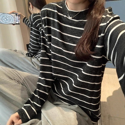Damen Langarmshirt Streifenmuster Baumwolle Weiß