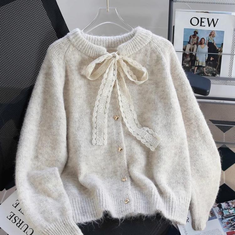Damen Strickjacke Kuschelig Herzknopf Schleifenakzent Norvielle