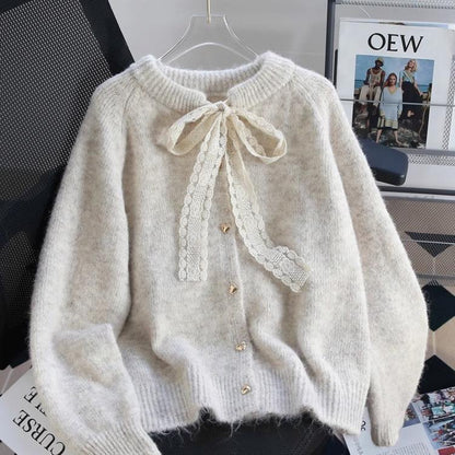 Damen Strickjacke Kuschelig Herzknopf Schleifenakzent Norvielle