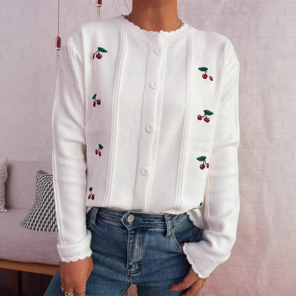 Damen Strickjacke Kirschenmotiv Rüschenkragen Norvielle
