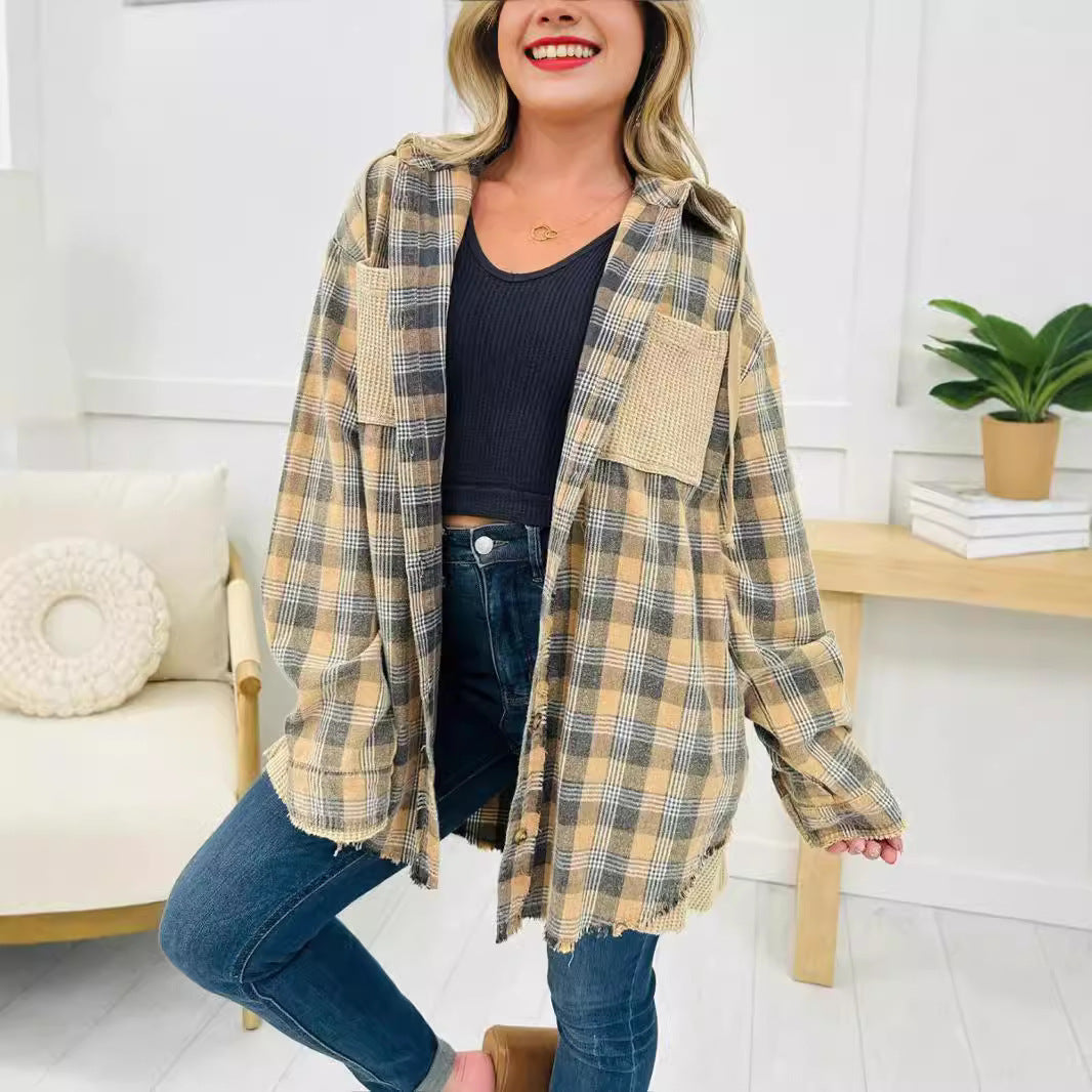 Damen Karo-Hemdjacke Oversized mit Fransen Details Norvielle - Norvielle