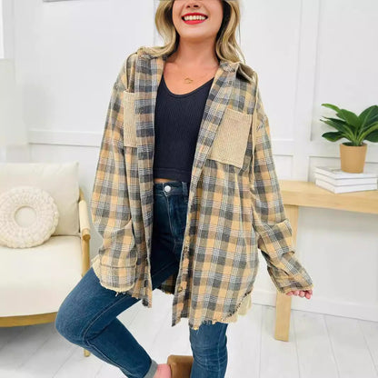 Damen Karo-Hemdjacke Oversized mit Fransen Details Norvielle - Norvielle