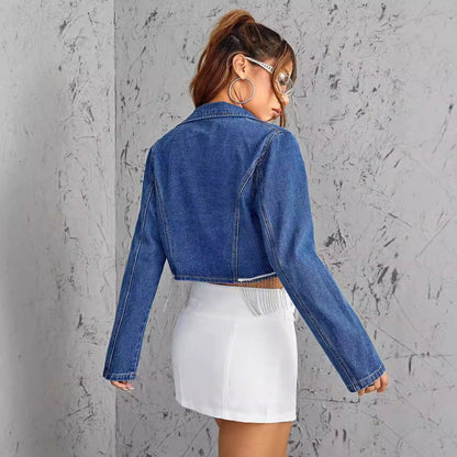 Damen Cropped Jeansjacke Lässiger Schnitt Mit Fransen
