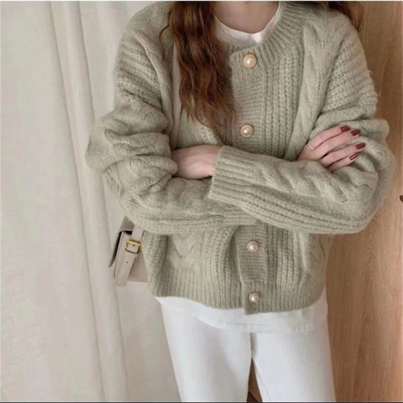 Damen Strickcardigan Kuschelig Perlenknöpfe Beige Norvielle
