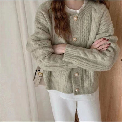 Damen Strickcardigan Kuschelig Perlenknöpfe Beige Norvielle