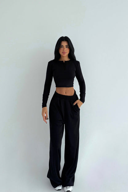 Damen Cropped-Oberteil und weite Hose mit Knöpfen
