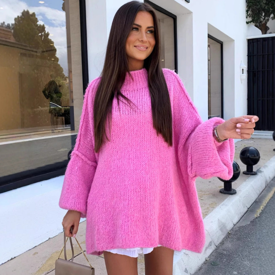 Damen Oversized Strickpullover Hochkragen Ballonärmel - Norvielle