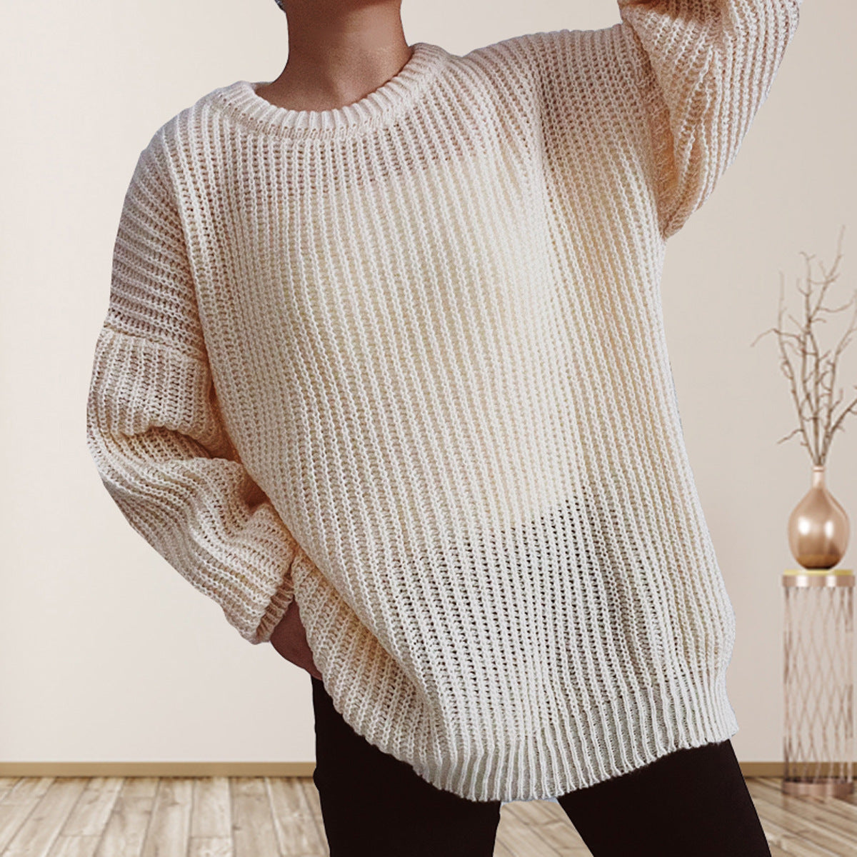 Damen Grobstrickpullover Überschnittene Schultern Beige