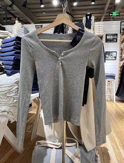 Damen Langärmliges Henley-Shirt Weicher Baumwollmix Norvielle