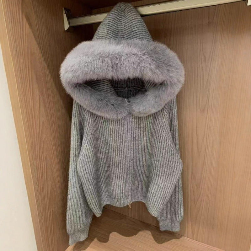 Damen Rippenstrickjacke Soft Norvielle Pelzkragen