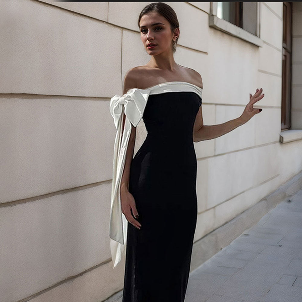 Damen Maxikleid Off-Shoulder Schleifenakzent Elegant