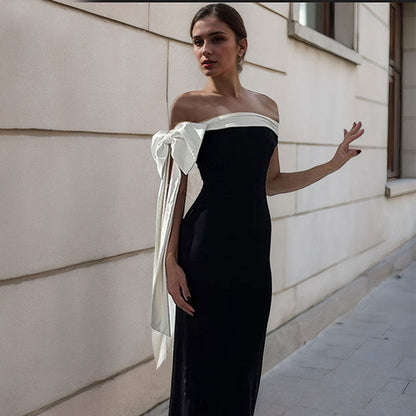 Damen Maxikleid Off-Shoulder Schleifenakzent Elegant