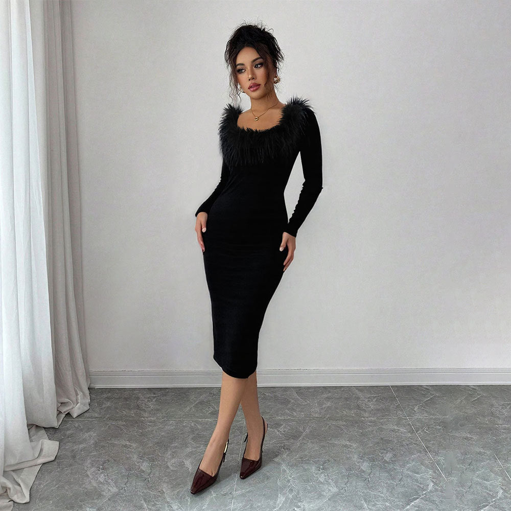 Damen Midi-Kleid mit Federverzierung und seitlichem Schlitz