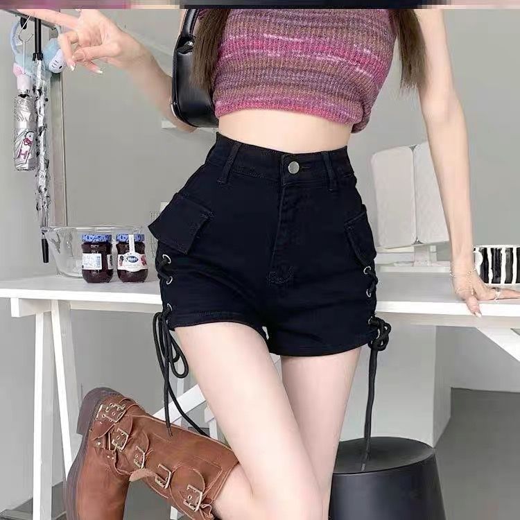 Damen High-Waist Shorts Seitenschnürung Praktische Taschen