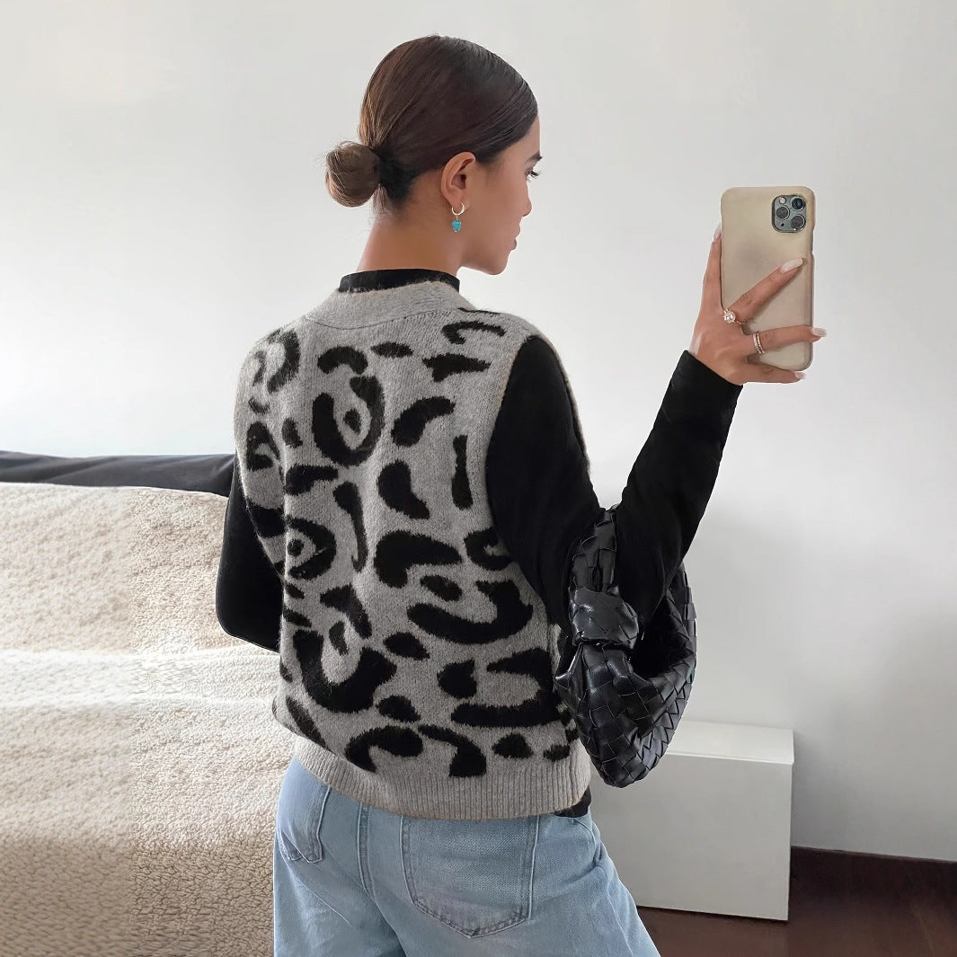 Damen Strickweste Leoprint Hochwertig