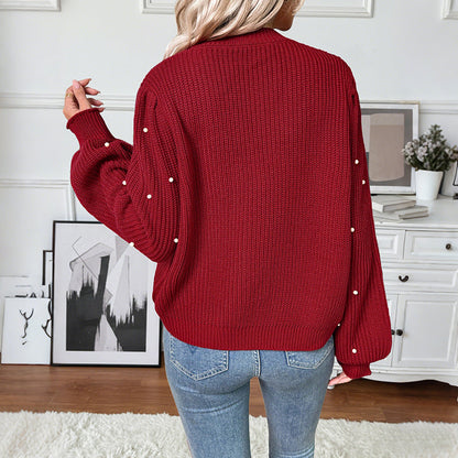 Damen Cardigan Gestrickt Perlen Dekoration Beige