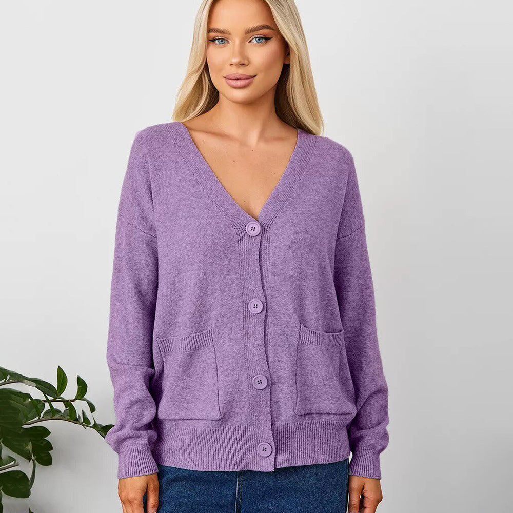 Damen Cardigan Grobstrick V-Ausschnitt Taschen Beige