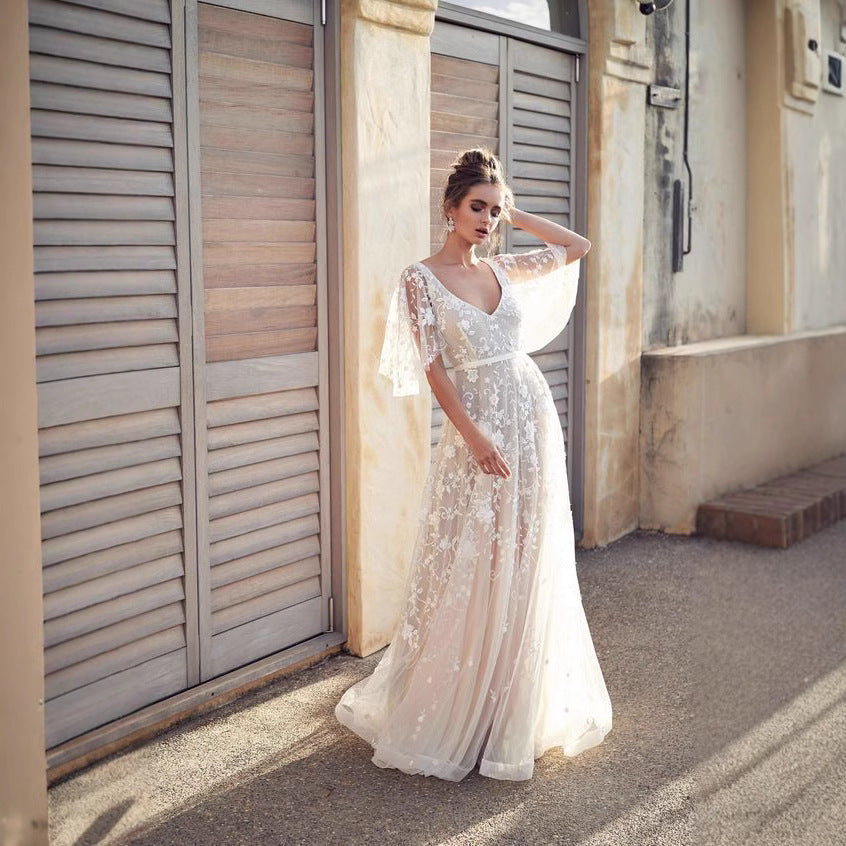 Damen Abendkleid Florale Stickerei Spitzenärmel Norvielle