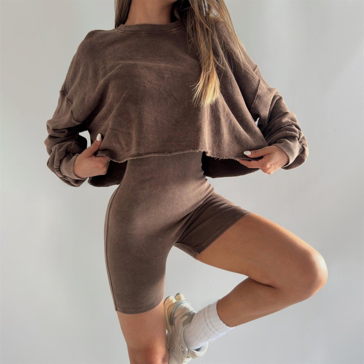 Damen Sweatshirt-Shorts-Set Baumwolle Bequem Grau