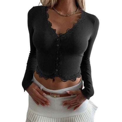 Damen Langarmshirt Spitzenborte Figurbetont Norvielle
