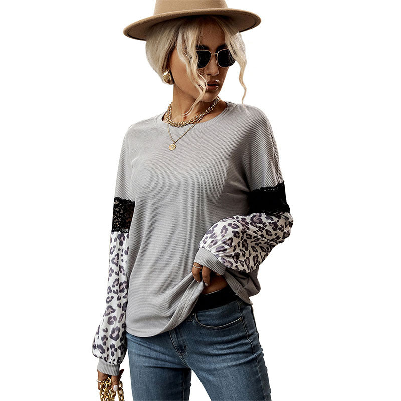Damen Pullover mit floralem Muster und Leopardenärmeln Norvielle
