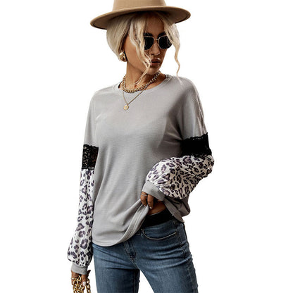 Damen Pullover mit floralem Muster und Leopardenärmeln Norvielle