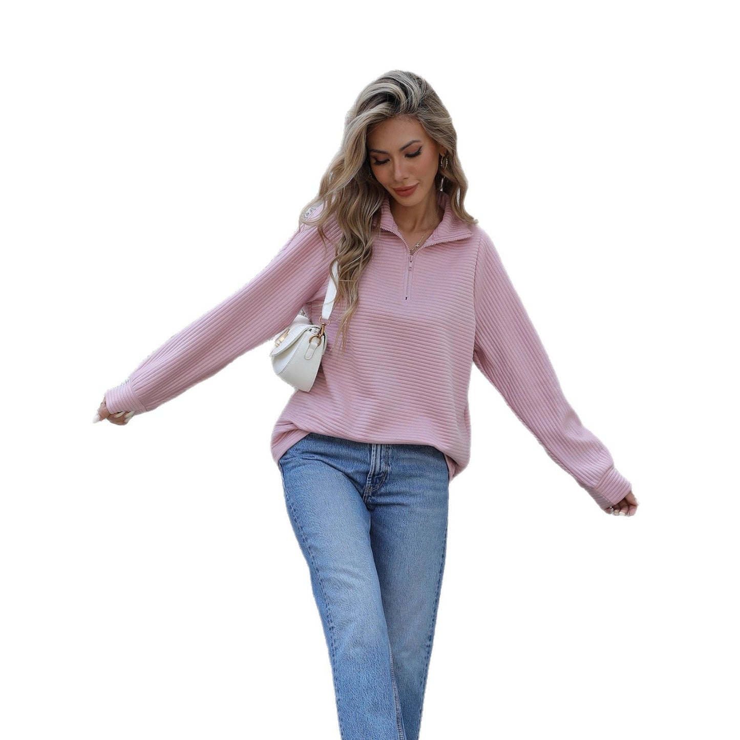 Damen Pullover Rippstruktur Reißverschluss Norvielle