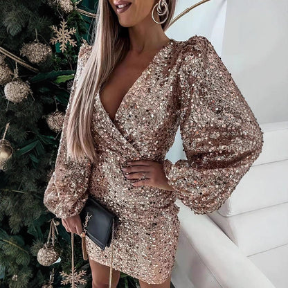 Damen Minikleid Glitzernd Ballonärmel Wickeloptik Norvielle