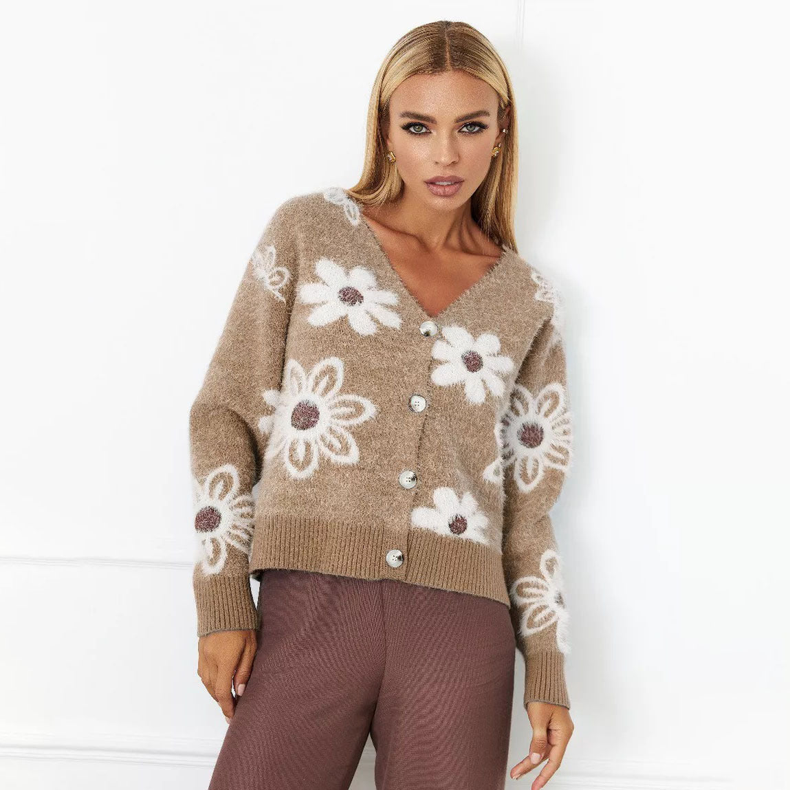 Damen Cardigan Floralmuster Knöpfe Beige