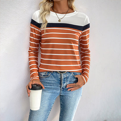 Damen Langarmshirt Kontraststreifen Lässig Weiß