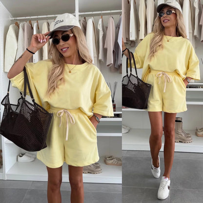 Damen Oversize T-Shirt Set mit Shorts Verstellbarer Taillenzug