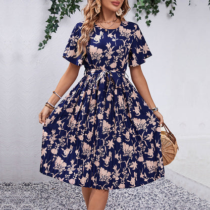Damen Midi-Kleid Floraler Druck Taillierter Gürtel Norvielle - Norvielle