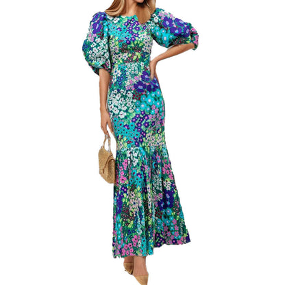 Damen Maxikleid mit Puffärmeln und Blumenmustern