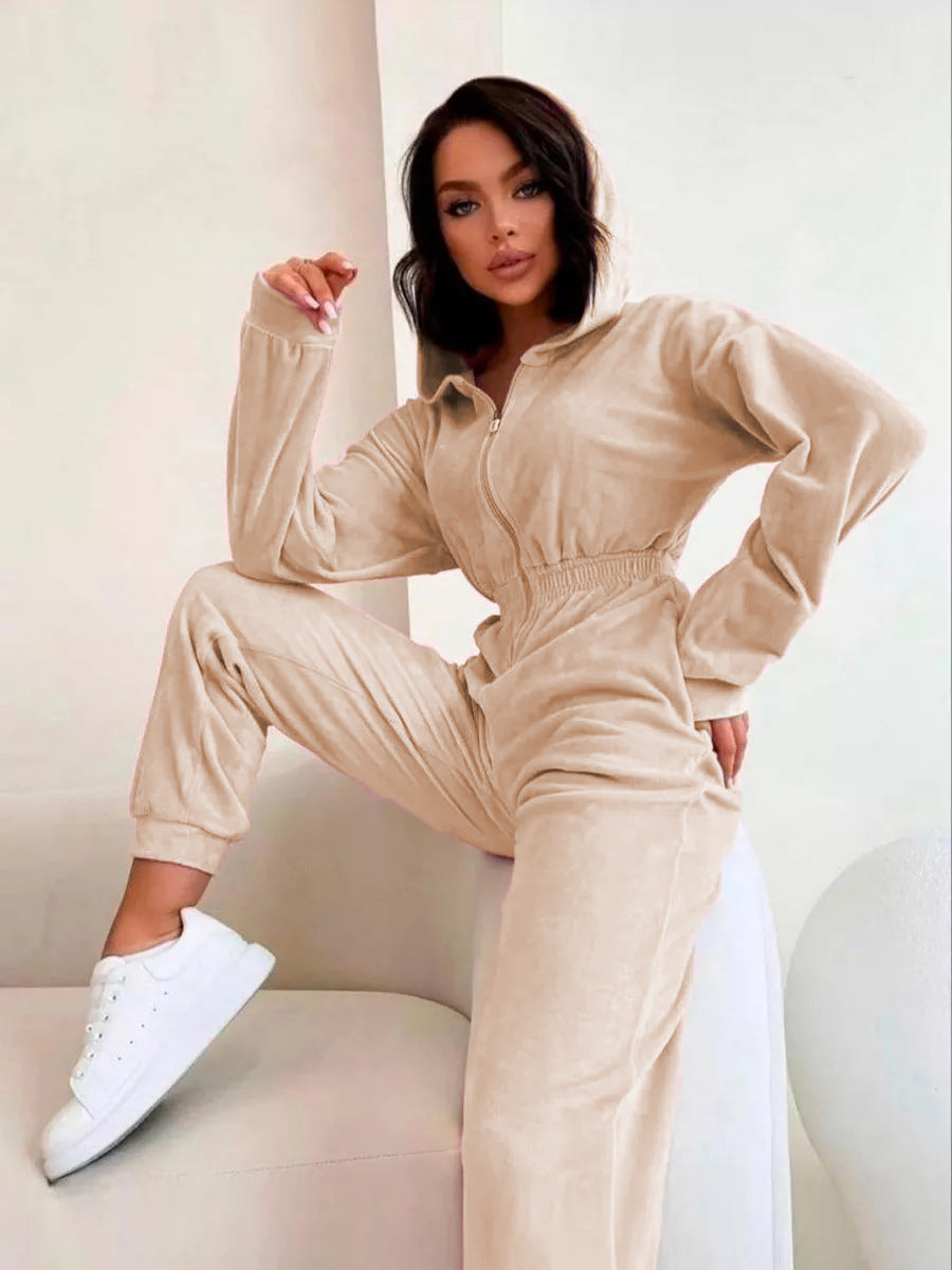 Damen Fleece-Jumpsuit Weich Hohler Kragen Tailliert
