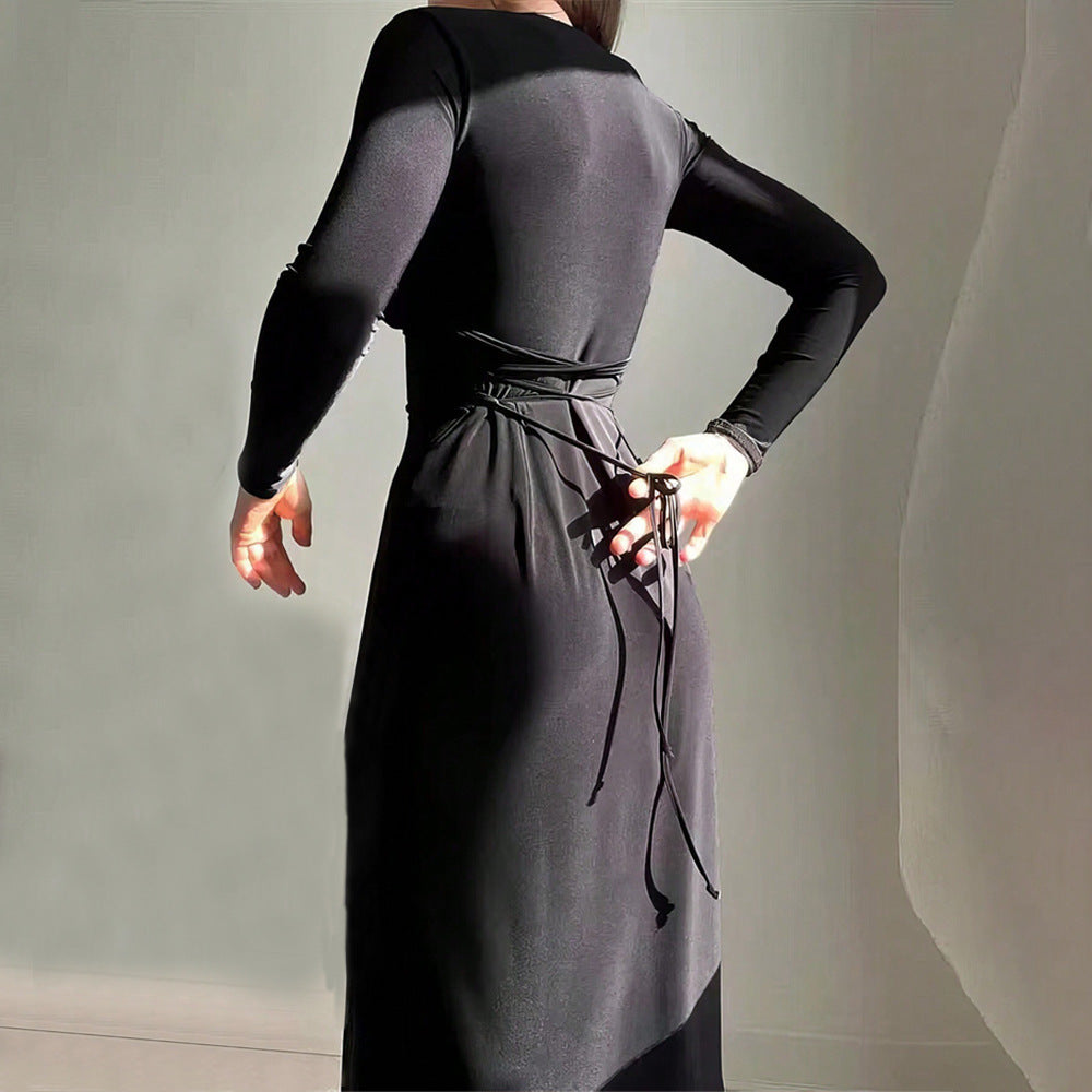 Damen Midi-Kleid V-Ausschnitt Langarm