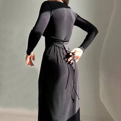 Damen Midi-Kleid V-Ausschnitt Langarm
