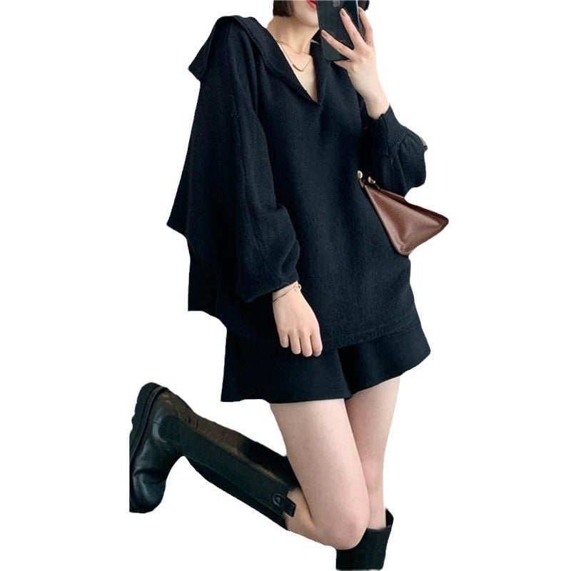 Damen Oversized Strickpullover Kapuze V-Ausschnitt Norvielle