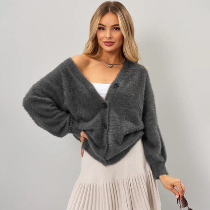 Damen Strickjacke Flauschig V-Ausschnitt Knöpfe Beige