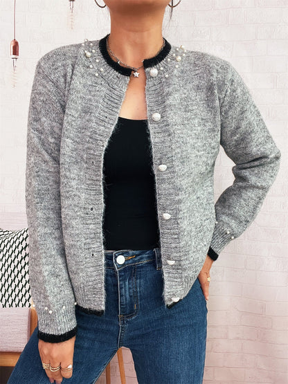 Damen Strickjacke mit Perlenverzierungen und Knöpfen