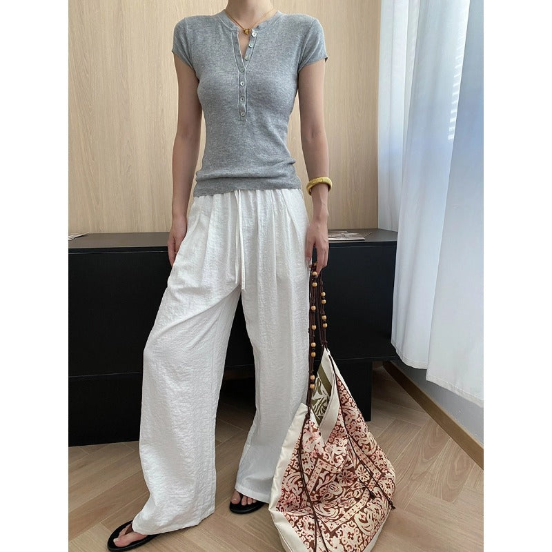 Damen Leinenhose Weites Bein Bequem Natur