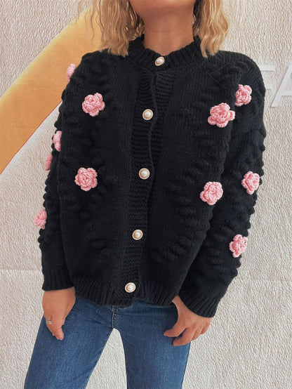 Damen Strickjacke Floralmuster Perlenknöpfe Norvielle