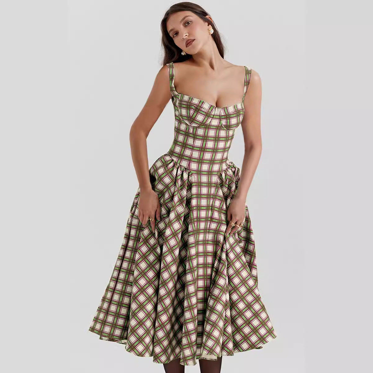 Damen Midikleid Kariert Tiefes Dekolleté Norvielle